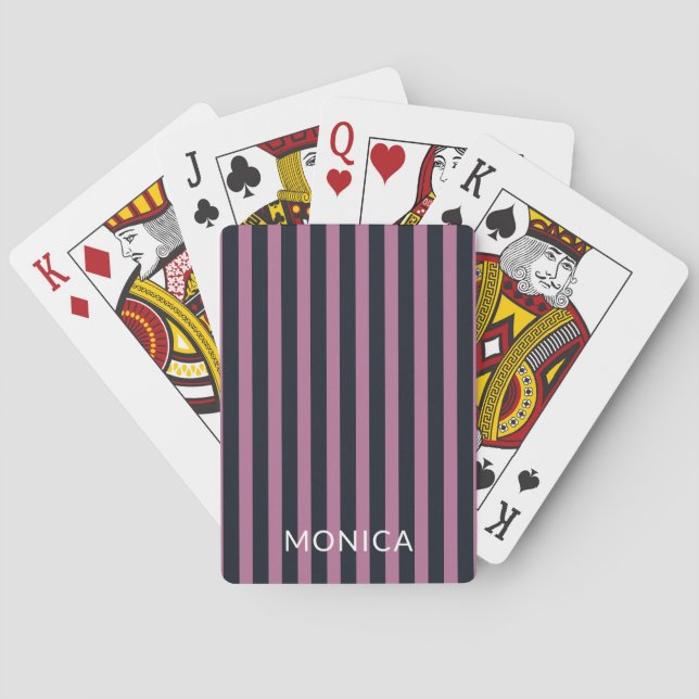 striped pink | navy custom name  poker cards (Back)
