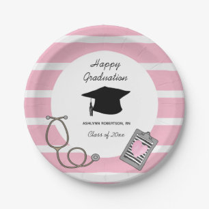Striped Pink Nursing School Graduation  Paper Plat Paper Plates
