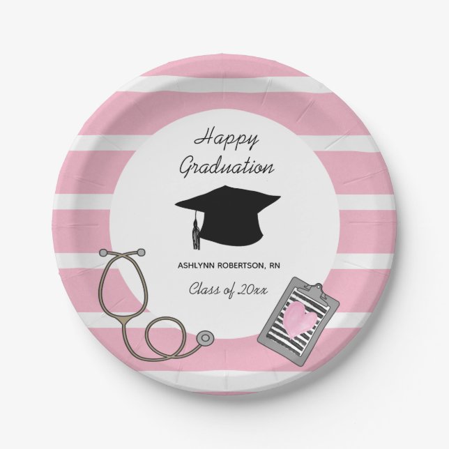 Striped Pink Nursing School Graduation  Paper Plat Plates (Front)