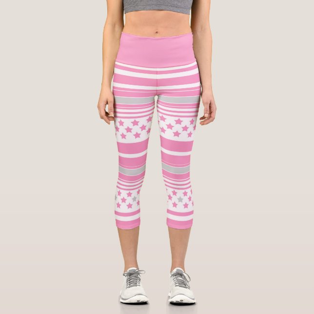 Striped pink pattern with stars capri leggings (Front)