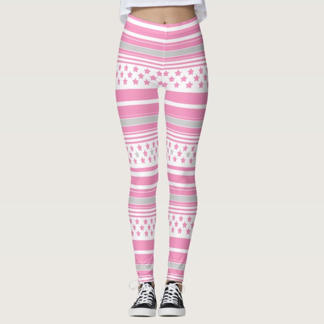 Striped pink pattern with stars leggings (Front)