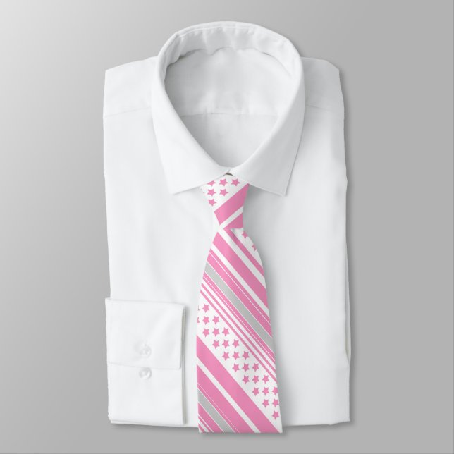 Striped pink pattern with stars neck tie (Tied)