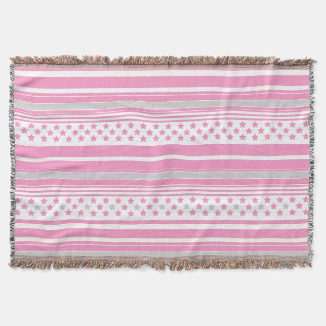 Striped pink pattern with stars throw blanket (Front)