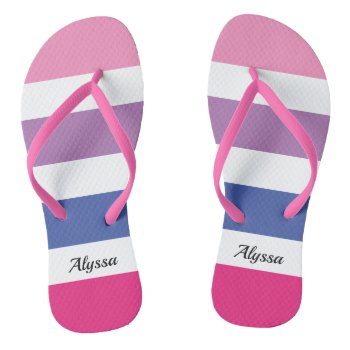 Striped Pink Purple Blue Personalized Flip Flops by SewMosaic at Zazzle