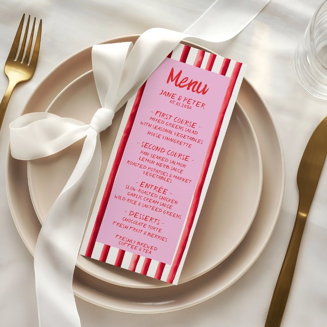 Striped Pink & Red Handwriting Wedding Menu (Creator Uploaded)