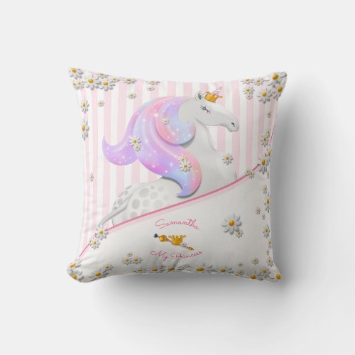 Striped Pink Unicorn Princess Nursery Throw Pillow