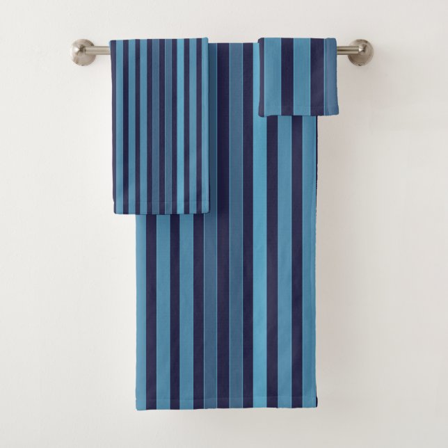 Striped plain pattern retro blue bath towel set (Insitu)