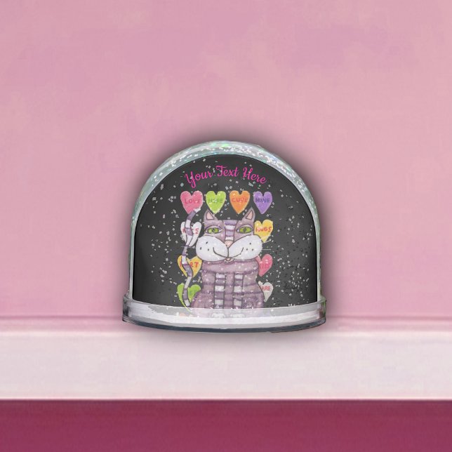 Striped Purple Cat Valentine Candy Hearts Black Snow Globe (Purple striped cat with colourful Valentine candy hearts with sayings on black snow globe.)