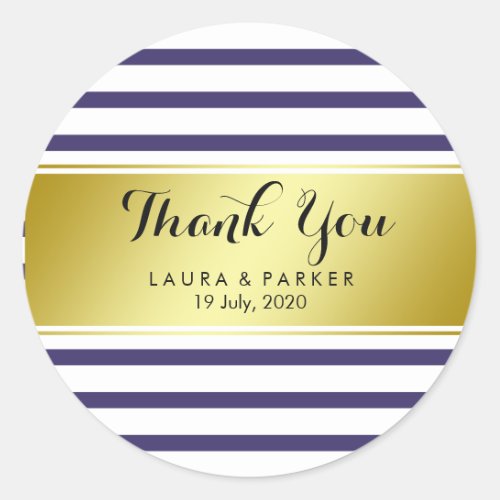 Striped Purple Gold  Foil Thank You Wedding Classic Round Sticker