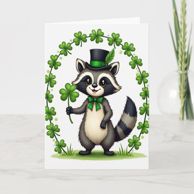 Striped Raccoon Clover Luck Card (Front)