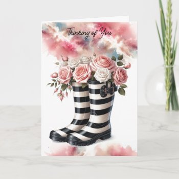 Striped Rainboots And Roses Thinking Of You Card by seashell2 at Zazzle