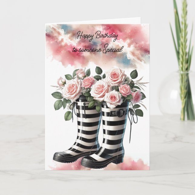 Striped Rainboots and Rosesa Birthday Card (Front)