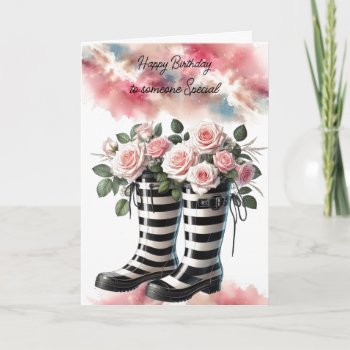 Striped Rainboots And Rosesa Birthday Card by seashell2 at Zazzle
