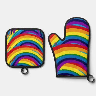 Striped Rainbow Oven Mitt and Pot Holder Set