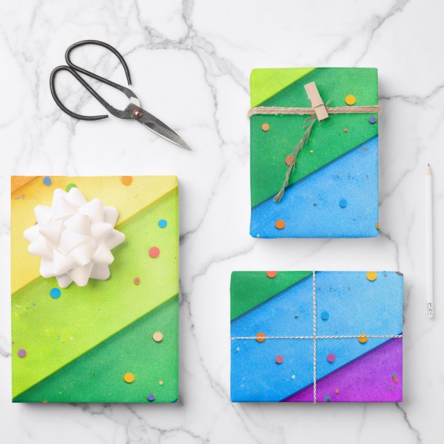 Striped Rainbow with confetti Wrapping Paper Sheets (Front)