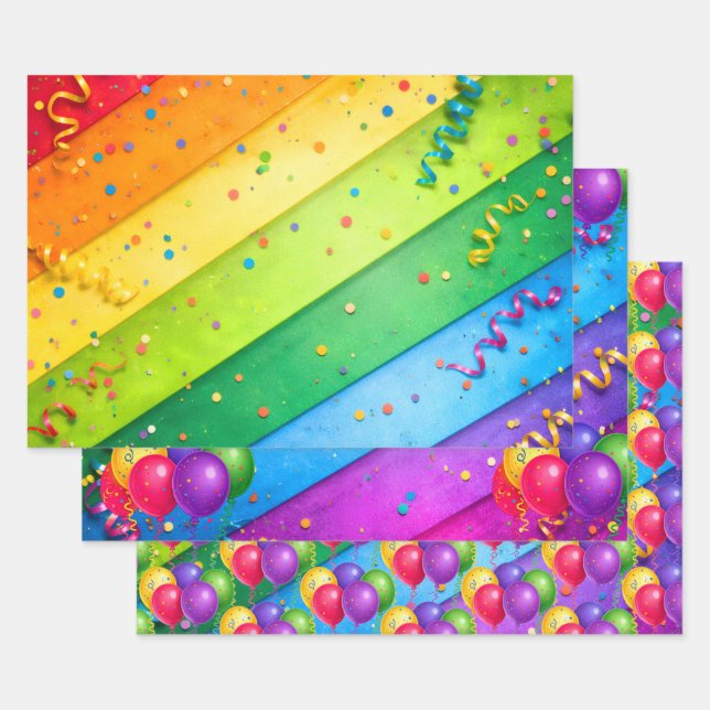 Striped Rainbow with confetti Wrapping Paper Sheets (Set)