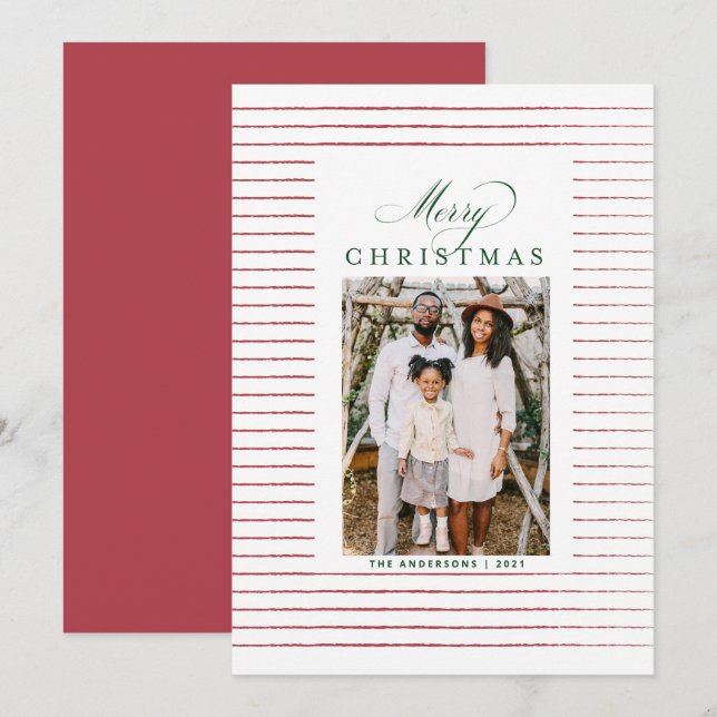 Striped Red and Green Photo Christmas Card (Front/Back)