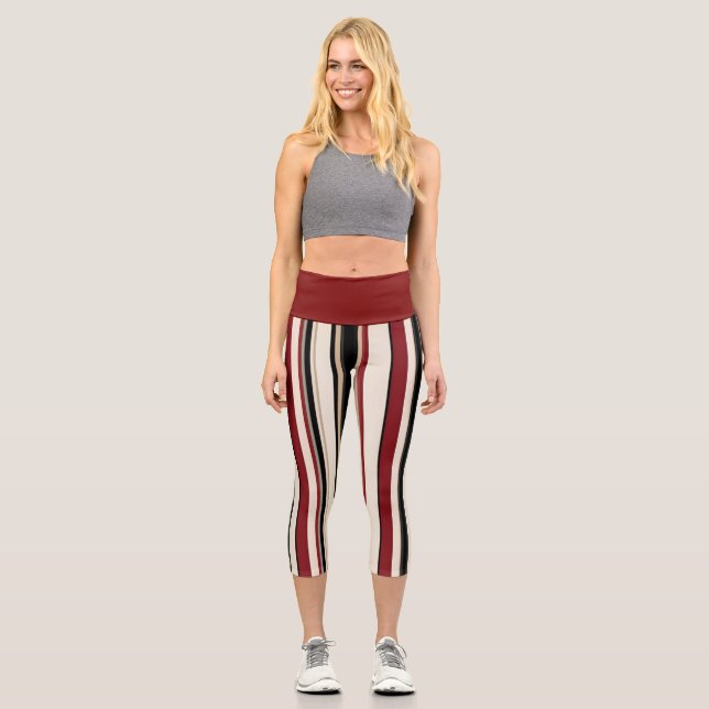 Striped Red, Black and Cream  Capri Leggings (Front)