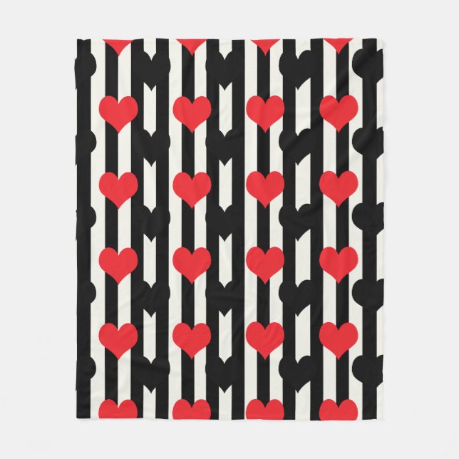 Striped Red Black Love Heart Pattern Design  Fleece Blanket (Front)