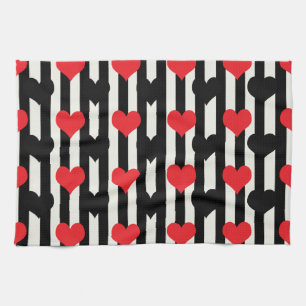 Striped Red Black Love Heart Pattern Design Kitchen Towel