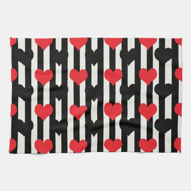 Striped Red Black Love Heart Pattern Design  Kitchen Towel (Horizontal)