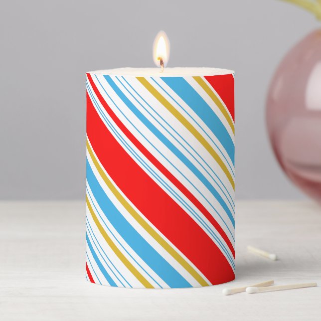 Striped Red Gold Blue Candy Cane Pillar Candle (In Situ)