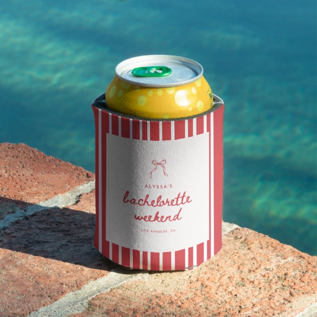 Striped Red & White Bow Script Bachelorette Can Cooler (In Situ Pool)