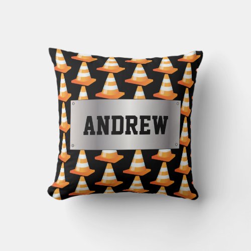 Striped Road Traffic Cone Funny Construction Throw Pillow