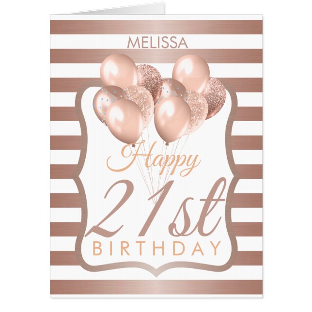 Striped Rose Gold Balloons 21st birthday BIG Card (Front)