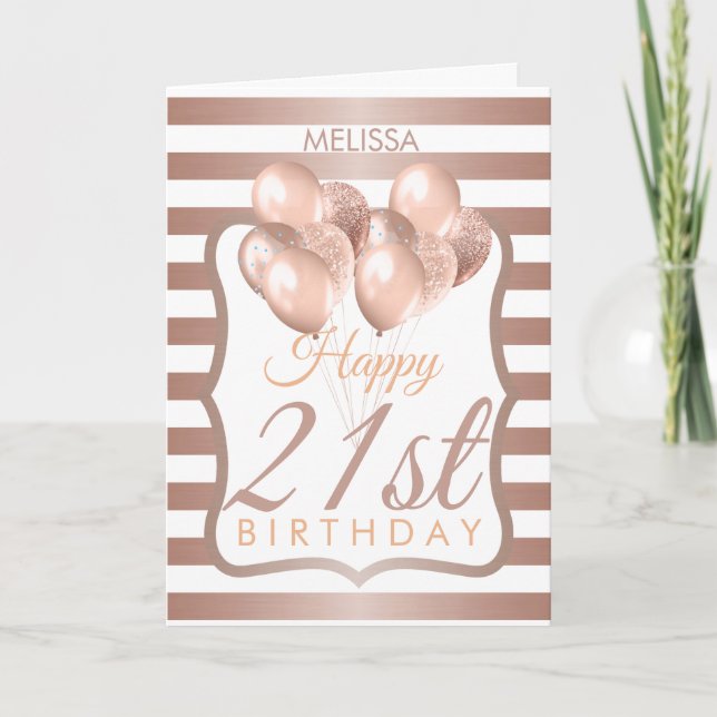 Striped Rose Gold Balloons 21st Birthday Card (Front)