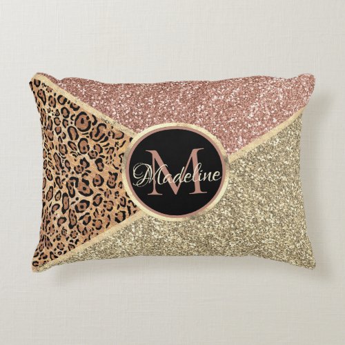 Striped Rose Gold Glitter Leopard Monogram Accent Pillow