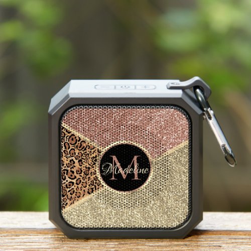 Striped Rose Gold Glitter Leopard Monogram Bluetooth Speaker