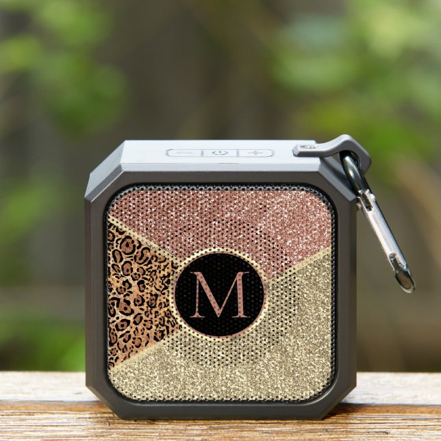 Striped Rose Gold Glitter Leopard Monogram Bluetooth Speaker (Insitu(Outdoor))