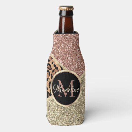 Striped Rose Gold Glitter Leopard Monogram Bottle Cooler