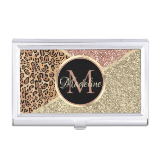 Striped Rose Gold Glitter Leopard Monogram Business Card Case