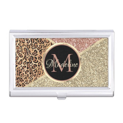 Striped Rose Gold Glitter Leopard Monogram Business Card Case