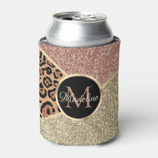 Striped Rose Gold Glitter Leopard Monogram Can Cooler