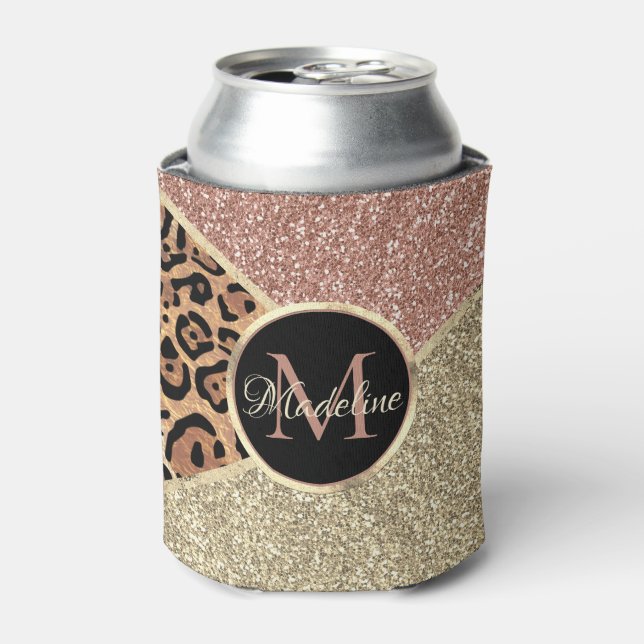 Striped Rose Gold Glitter Leopard Monogram Can Cooler (Can Front)