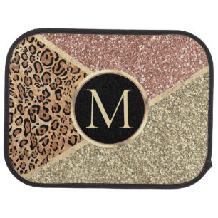 Striped Rose Gold Glitter Leopard Monogram Car Floor Mat