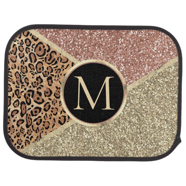 Striped Rose Gold Glitter Leopard Monogram Car Floor Mat (Rear)
