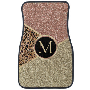 Striped Rose Gold Glitter Leopard Monogram Car Floor Mat