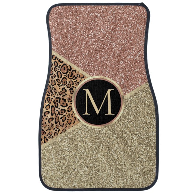 Striped Rose Gold Glitter Leopard Monogram Car Floor Mat (Front)