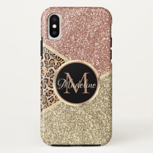 Striped Rose Gold Glitter Leopard Monogram iPhone XS Case