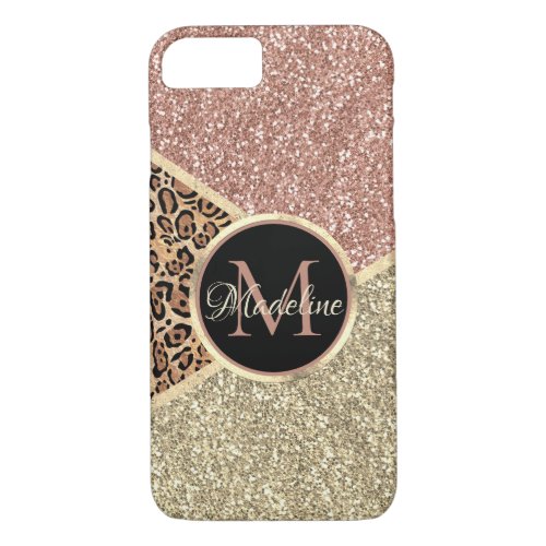 Striped Rose Gold Glitter Leopard Monogram iPhone 87 Case