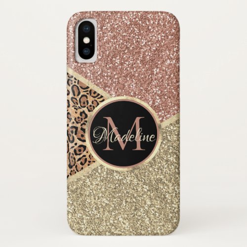 Striped Rose Gold Glitter Leopard Monogram iPhone X Case