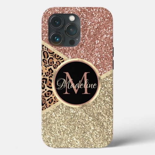 Striped Rose Gold Glitter Leopard Monogram iPhone 13 Pro Case