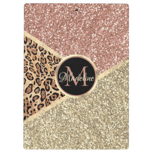 Striped Rose Gold Glitter Leopard Monogram Clipboard