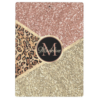 Striped Rose Gold Glitter Leopard Monogram Clipboard