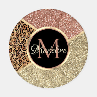 Striped Rose Gold Glitter Leopard Monogram Coaster Set