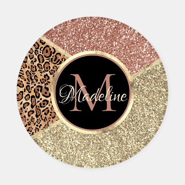 Striped Rose Gold Glitter Leopard Monogram Coaster Set (Single)